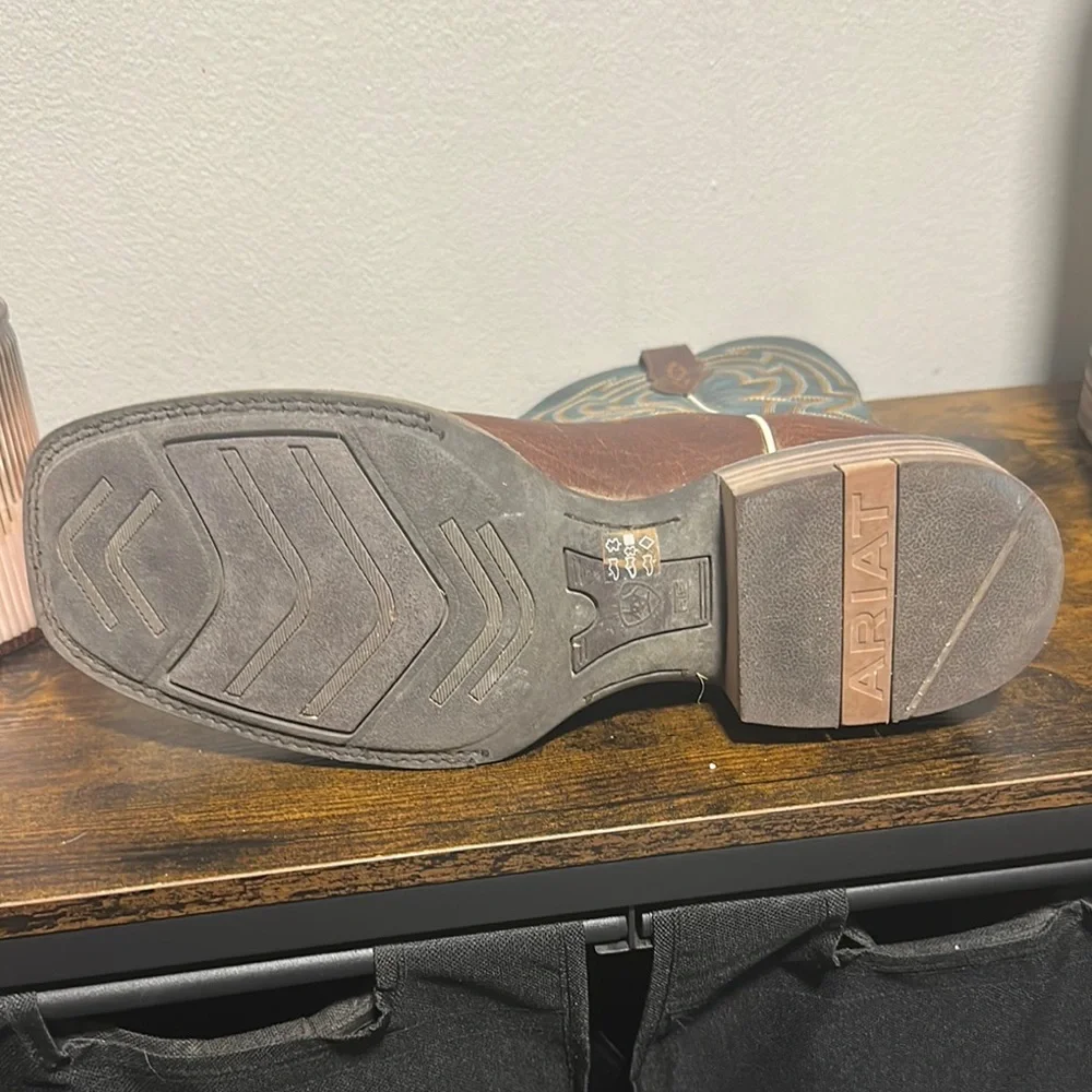 Ariat Brown and Blue Cowboy Boots with Square Toe - Picture 3 of 4